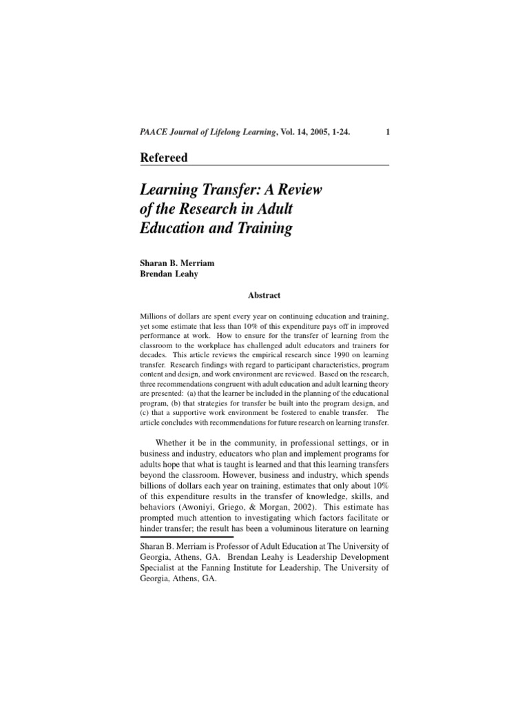 Learning Transfer: A Review of The Research in Adult Education and ...