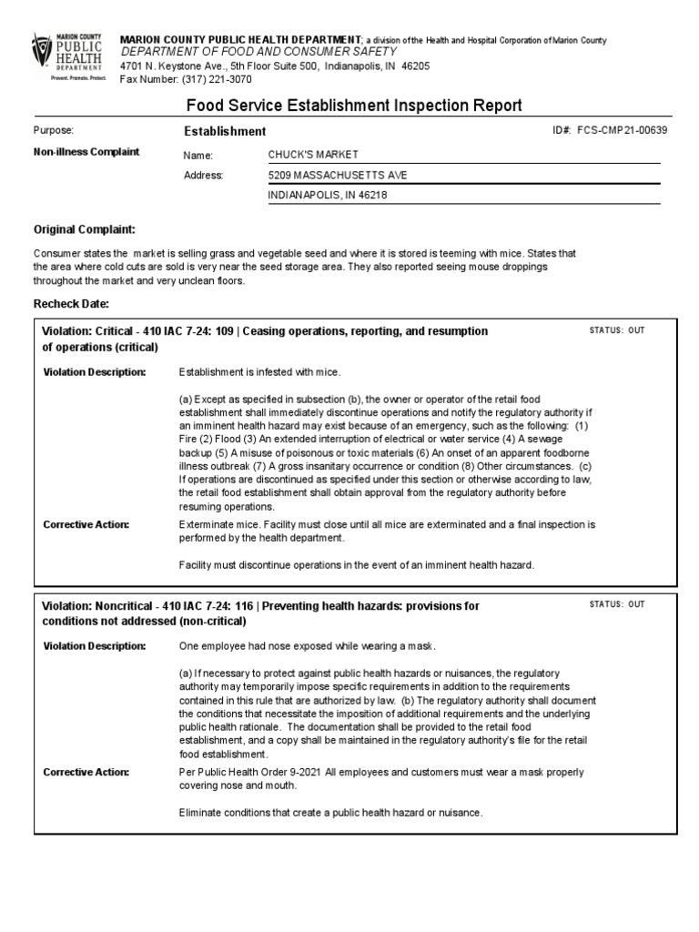 Chuck's Market Inspection Report | PDF | Pest Control | Foods