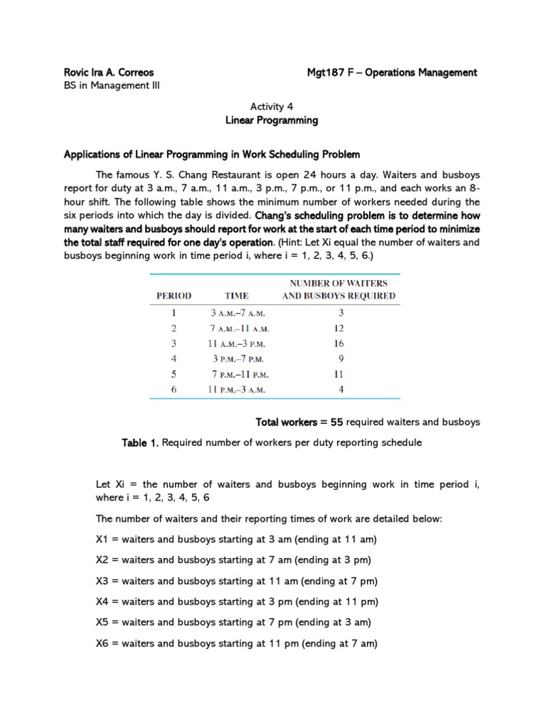 Linear Programming On Work Scheduling - Operations Management | PDF ...