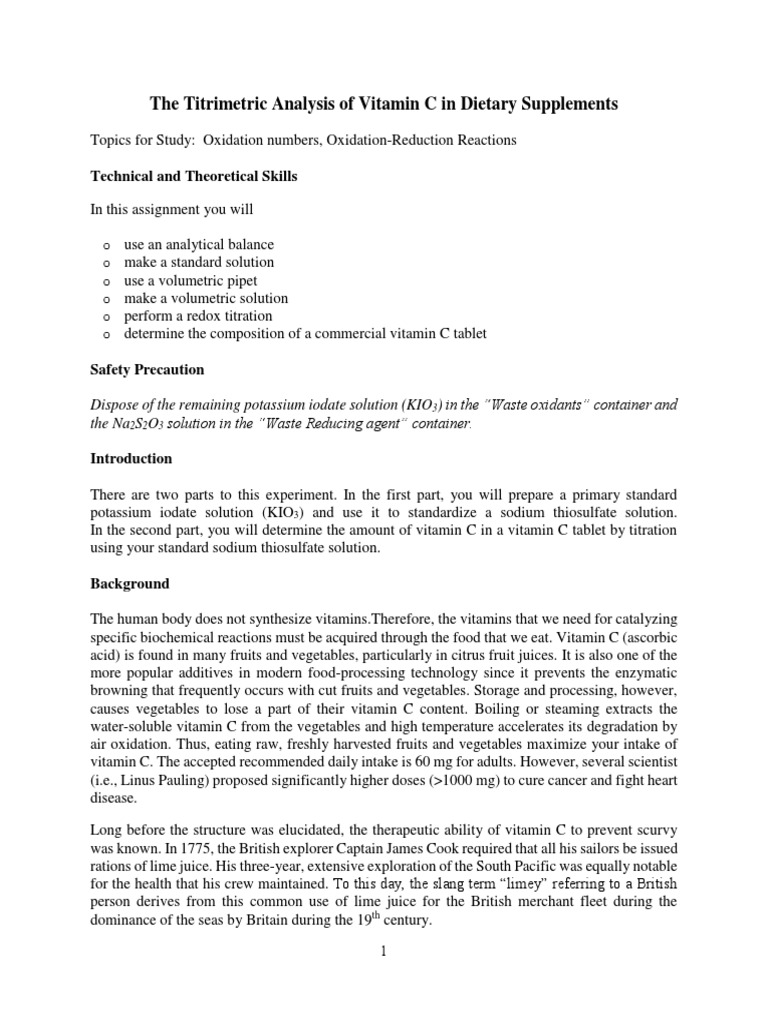Titrimetric Analysis of Vitamin C Spring 2016 PDF Titration
