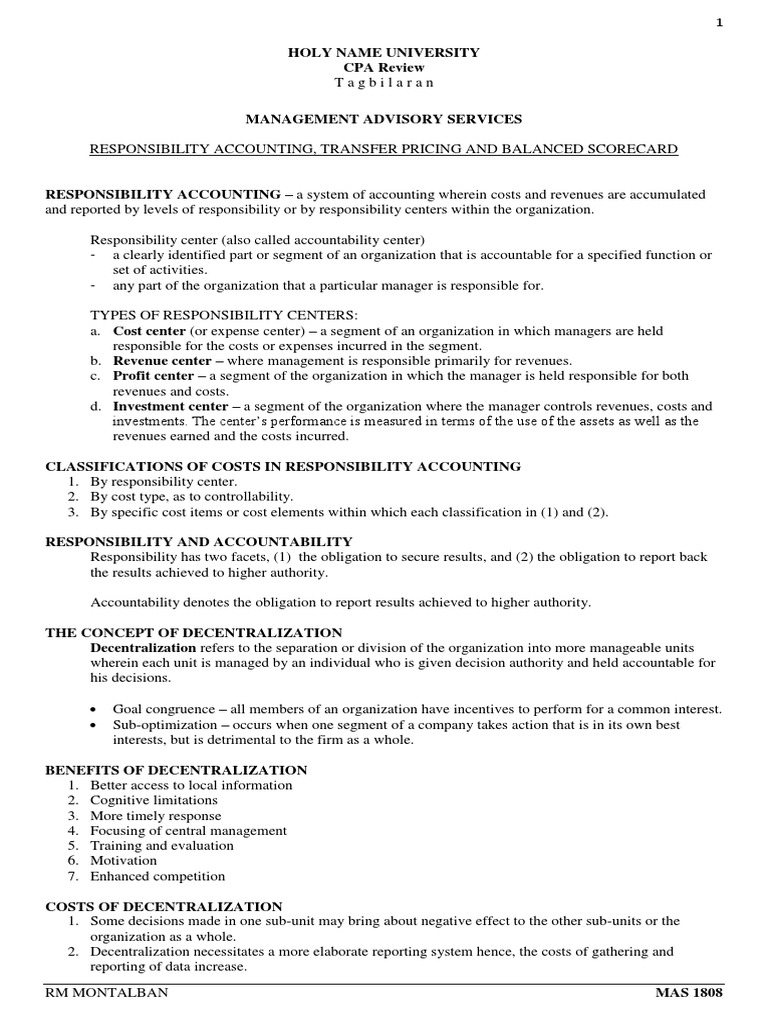 8 Responsibility Accounting Transfer Price and Balance Scorecard | PDF ...