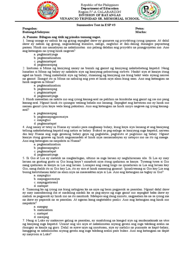 Summative Test in ESP #3 | PDF