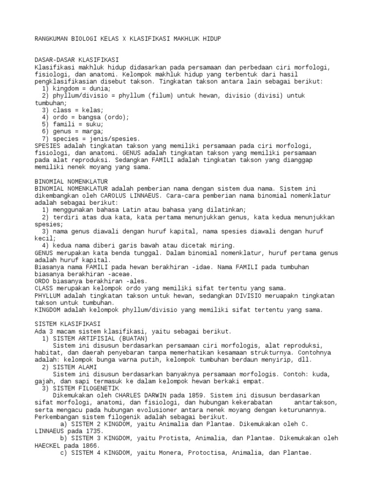 Rangkuman Biologi Kelas X - Klasifikasi Makhluk Hidup | PDF
