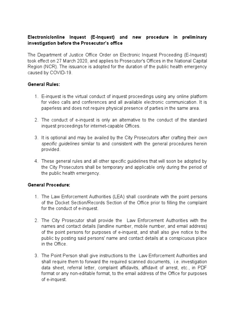 E-Inquest Procedures During COVID-19 | PDF | Prosecutor | Criminal ...