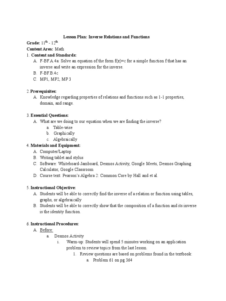 Inverse Relations and Functions Lesson Plan | PDF | Function ...