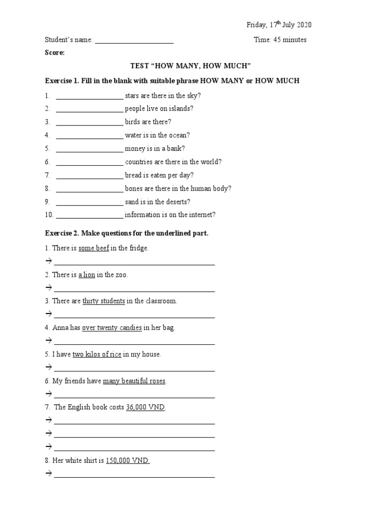 English Test: How Many vs. How Much | PDF | Wellness