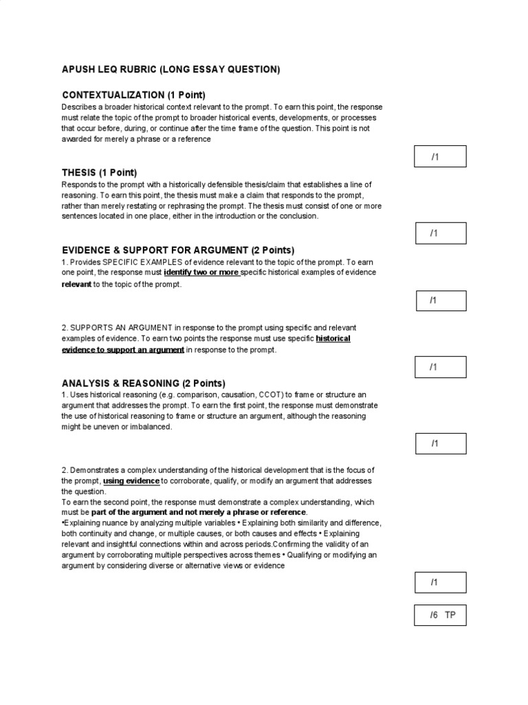 Apush Leq Rubric (Long Essay Question) Contextualization (1 Point