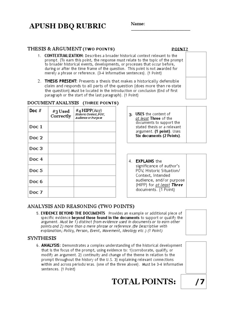 Apush DBQ Rubric Total Points PDF Argument Evidence