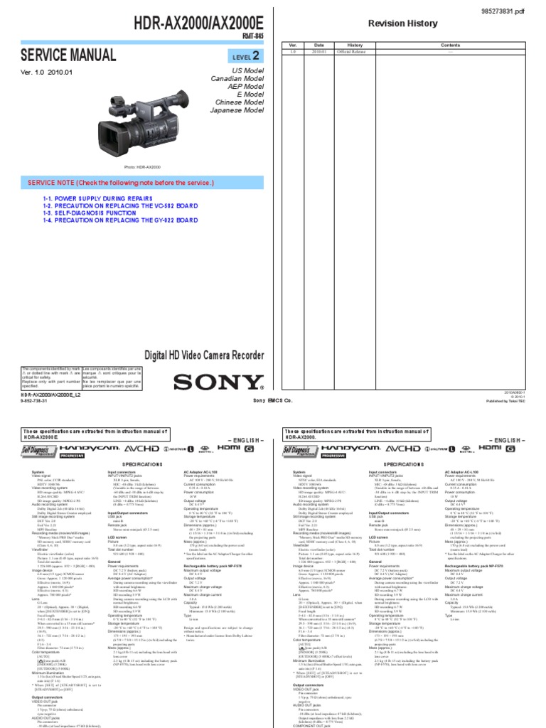Sony Hdr-Ax2000 Level-2 Ver-1.0 SM | PDF | Digital Camera | Pixel