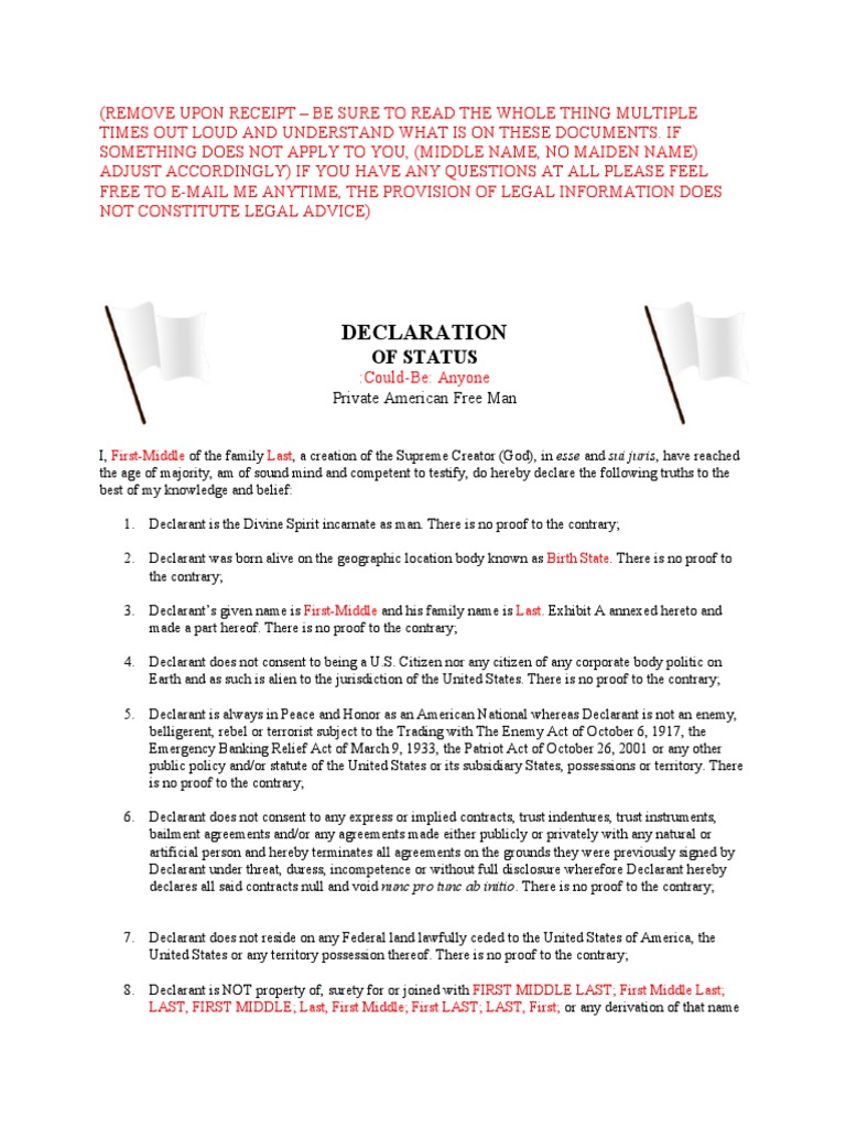 Declaration of Status Affidavit | PDF | Private Law | Common Law
