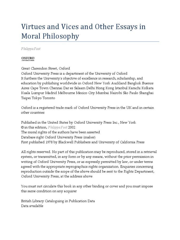 Philippa Foot - Virtues and Vices and Other Essays in Moral Philosophy ...