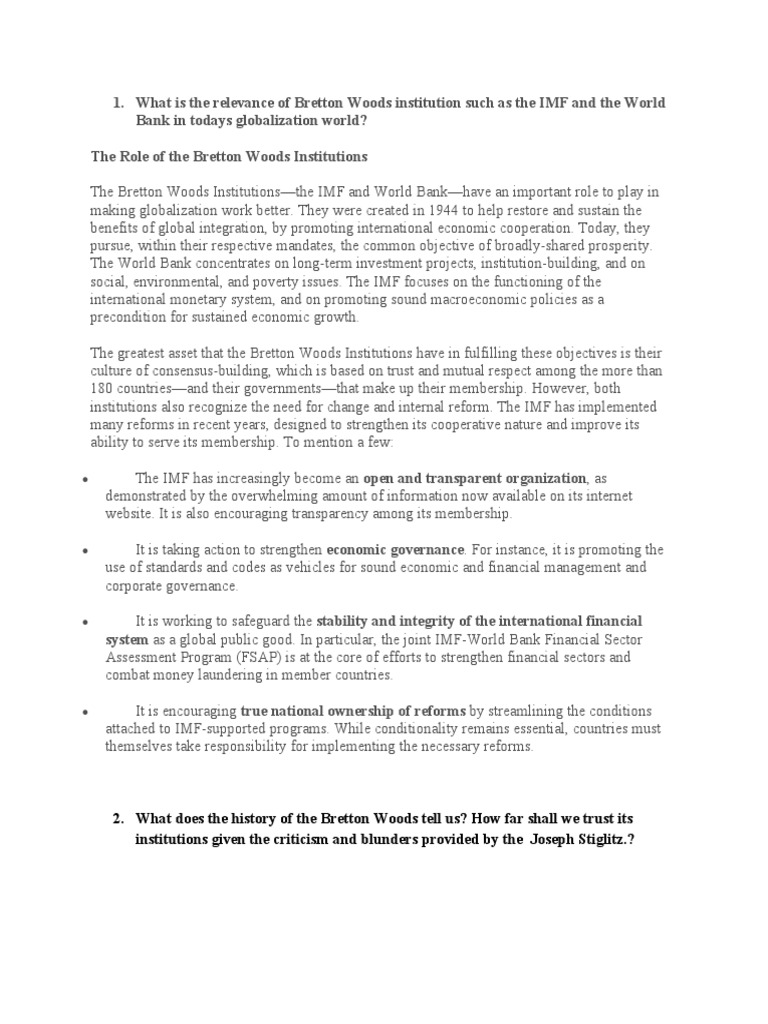 What Is The Relevance of Bretton Woods Institution Such As The IMF and ...
