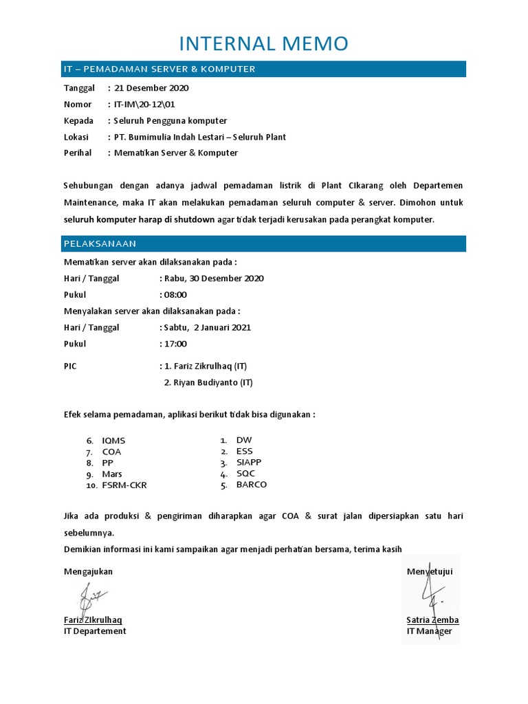 Internal Memo Pemadaman & Maintenance Server (12 September 2020) | PDF