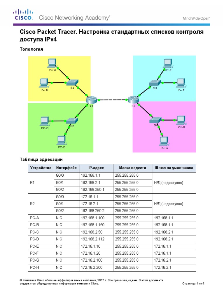 4.1.3.5 Packet Tracer - Configure Standard IPv4 ACLs | PDF