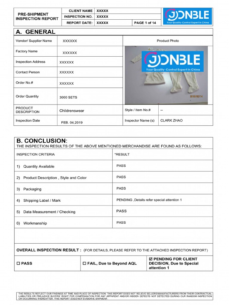 Report Sample-Pre-shipment Inspection-Children Wear | PDF