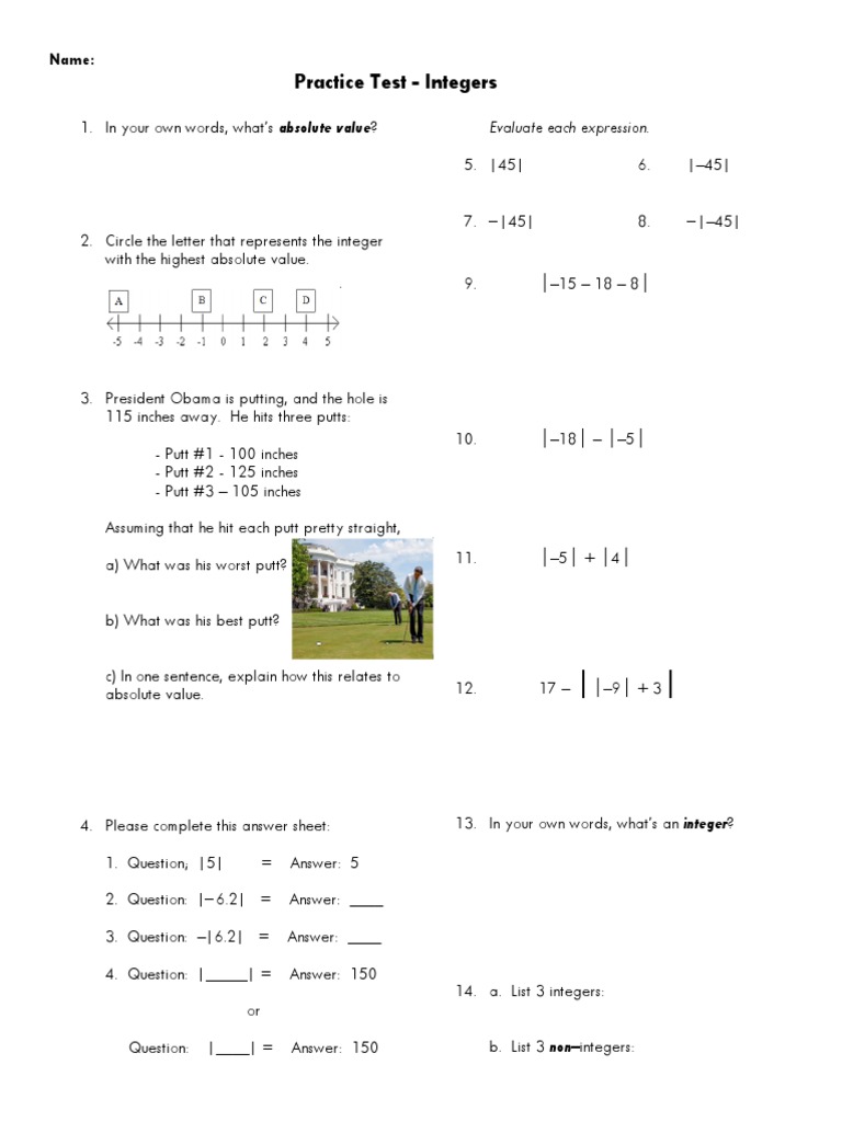 Practice Test Integers PDF Teaching Mathematics Sports
