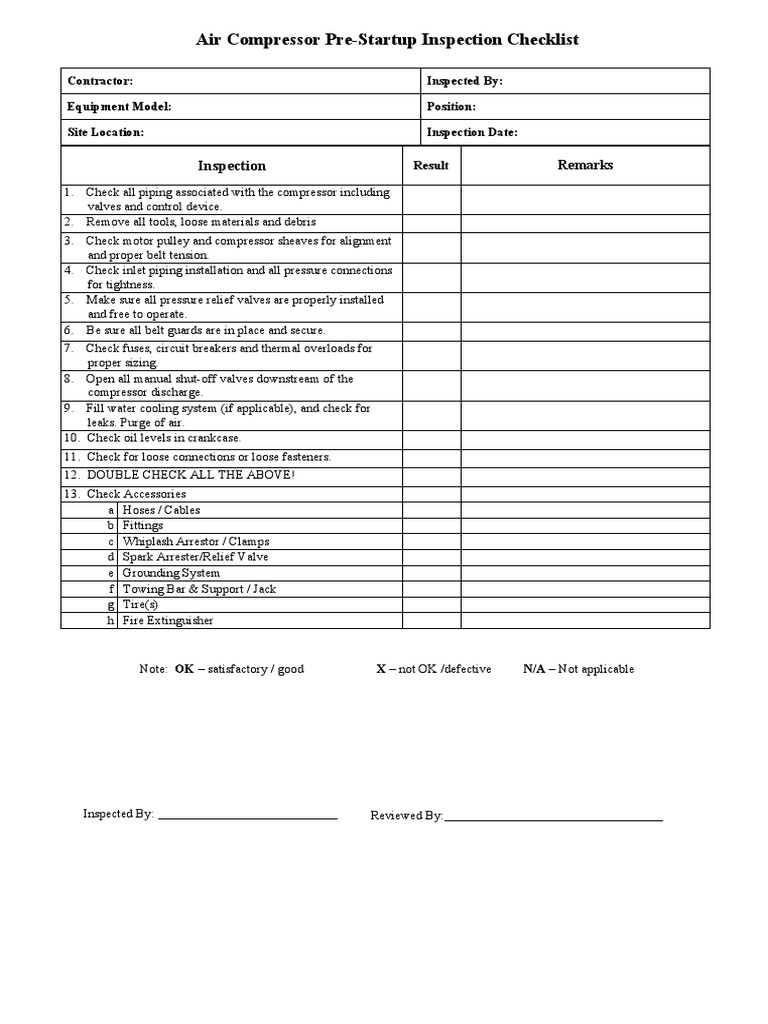 Air Compressor PreStartup Inspection Checklist PDF