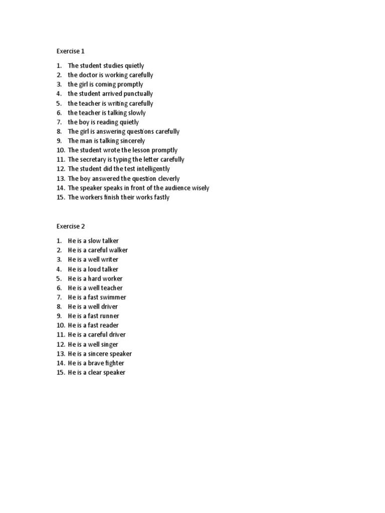 Adverb of Manner Exercise 1 & 2 | PDF | Language Arts & Discipline