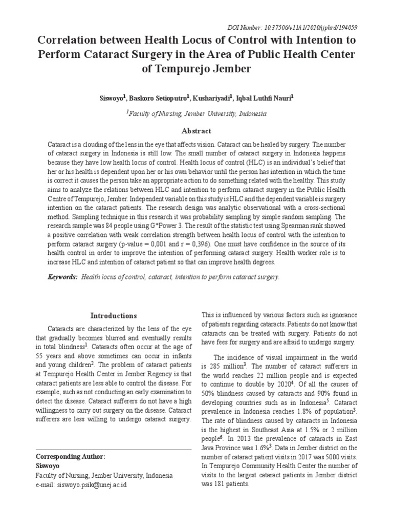 Health Locus of Control and Cataract Surgery Intentions | PDF ...