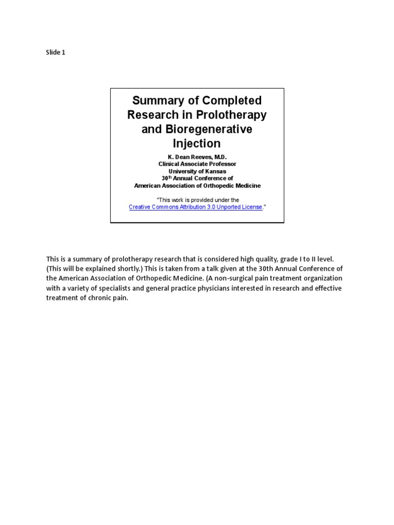 Prolotherapy Research Summary | PDF | Inflammation | Randomized ...