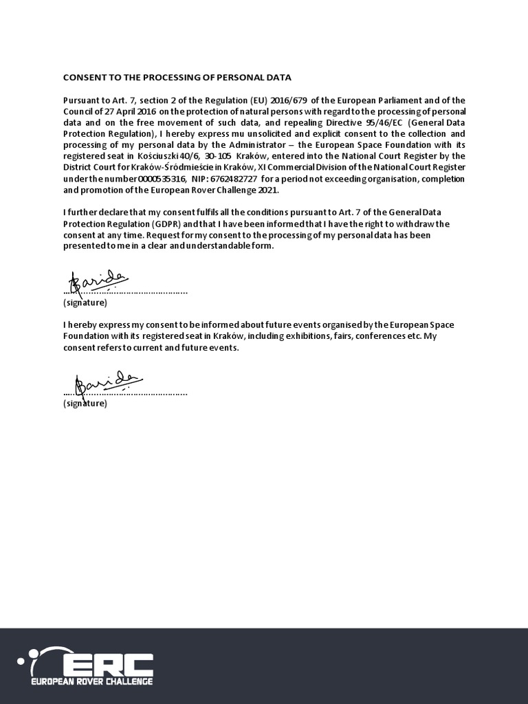 Consent To The Processing of Personal Data | PDF | Information Privacy ...