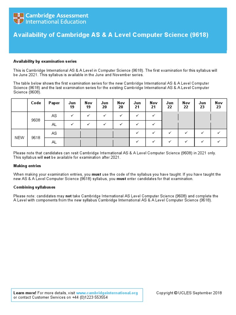 Availability of Cambridge AS & A Level Computer Science (9618) | PDF