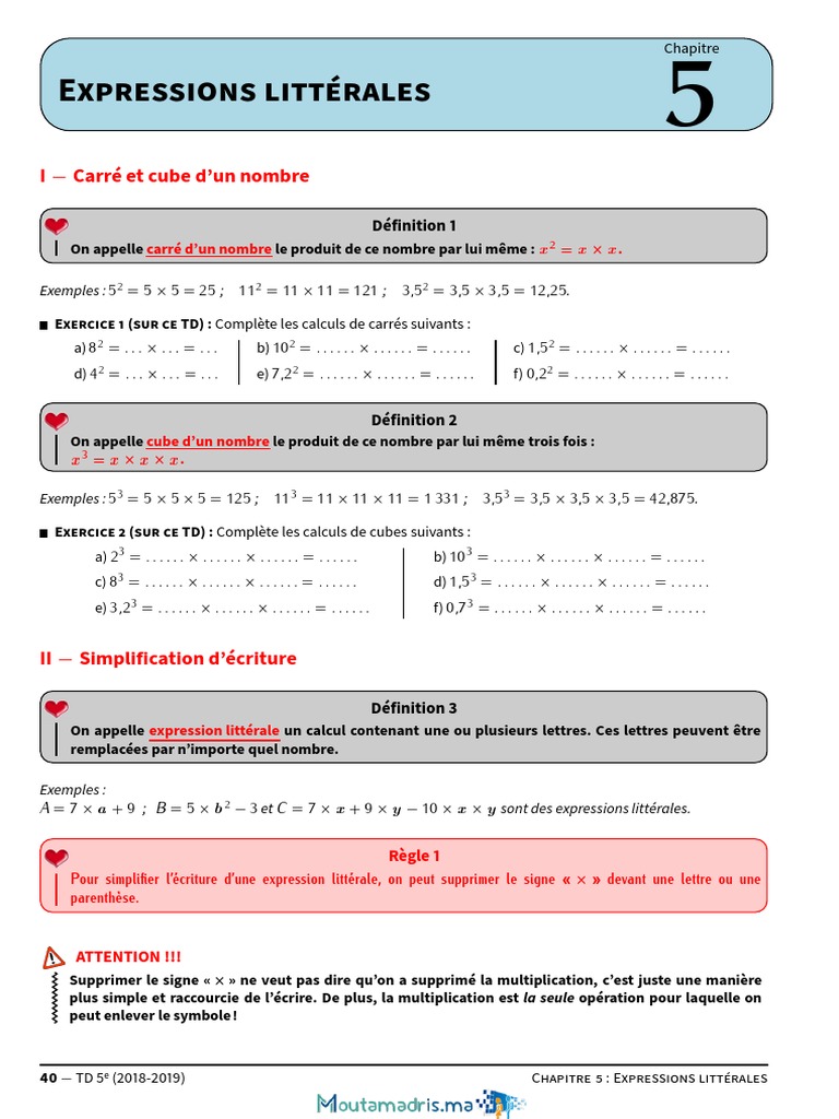 Controle Calcul Littéral 5ème Avec Corrigés Pdf Maths FR 1college 22 | PDF | Multiplication | Notation (mathématiques)