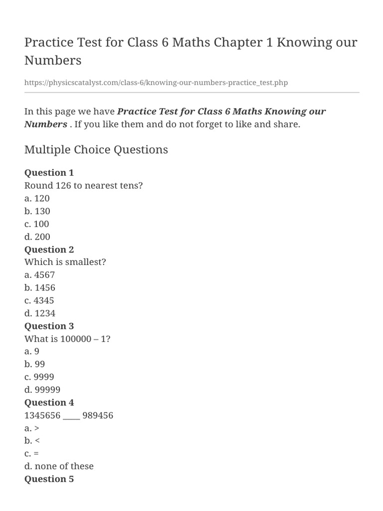 Practice Test For Class 6 Maths Chapter 1 Knowing + | PDF | Teaching ...