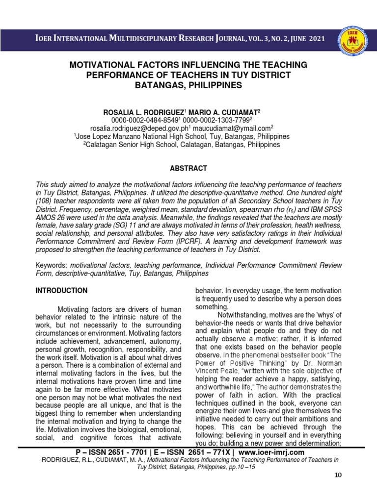 Motivational Factors Influencing The Teaching Performance of Teachers ...