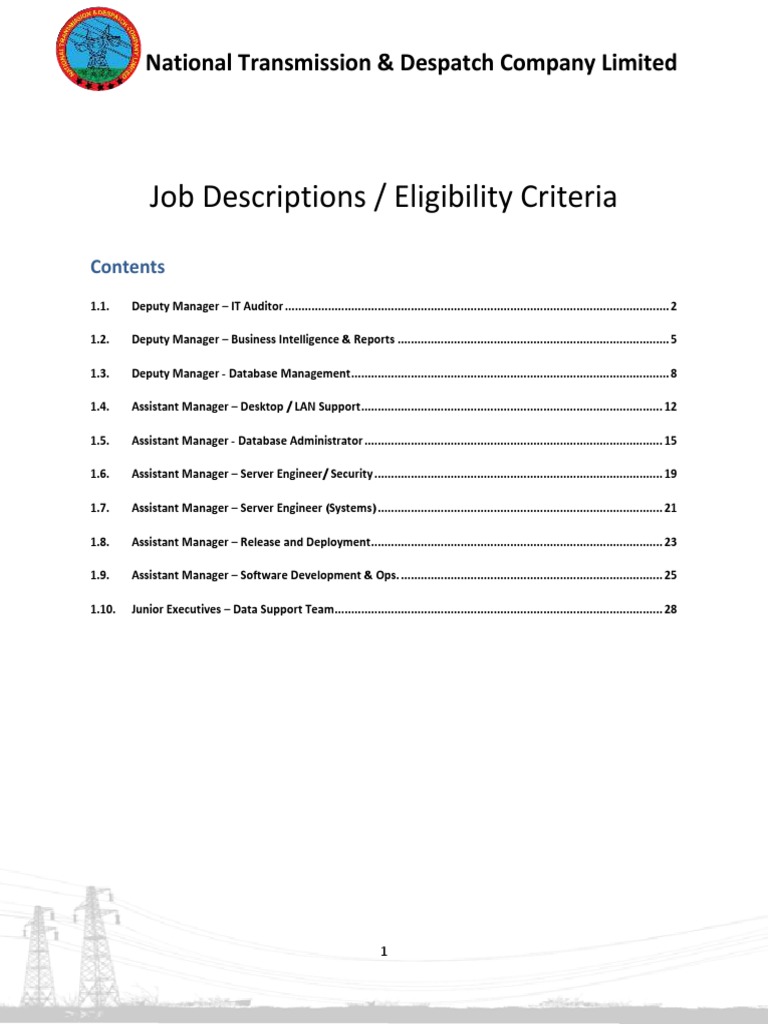 Job Descriptions / Eligibility Criteria National Transmission
