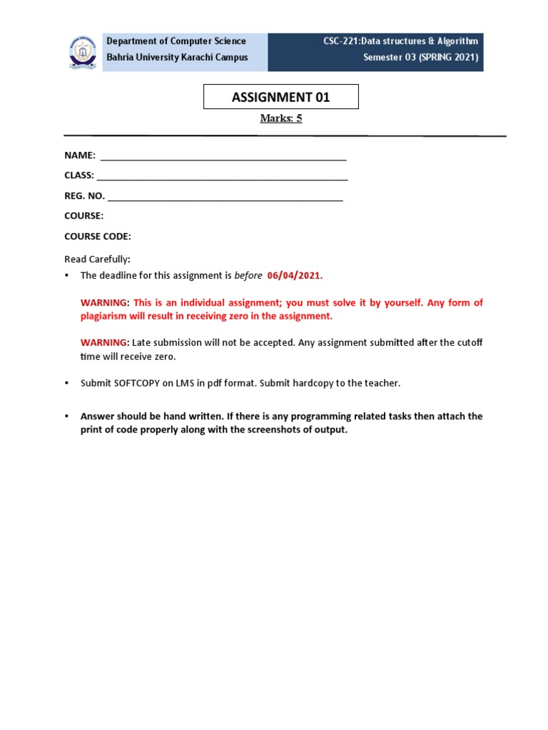 Assignment 01: Read Carefully: The Deadline For This Assignment Is ...