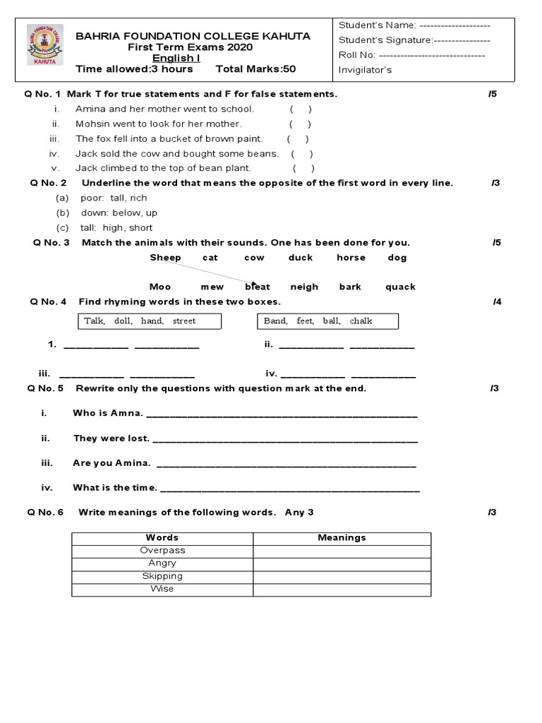 Class 1 English Paper PDF Grammatical Gender Grammatical Number
