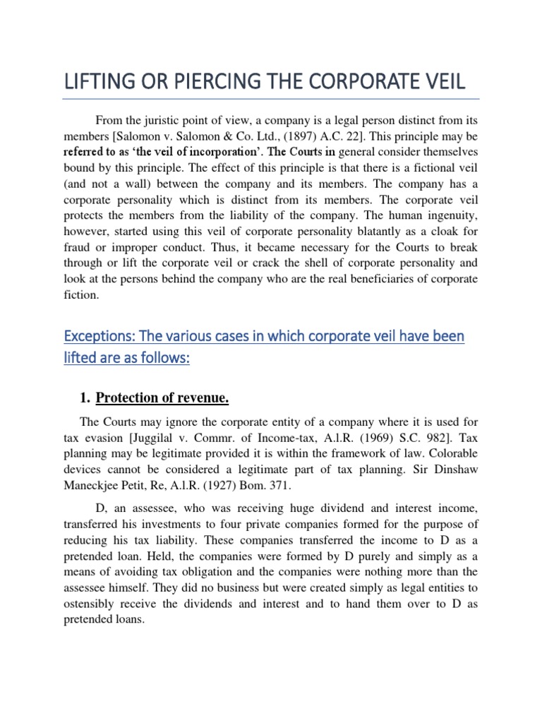 Lifting of Corporate Veil PDF Piercing The Corporate Veil
