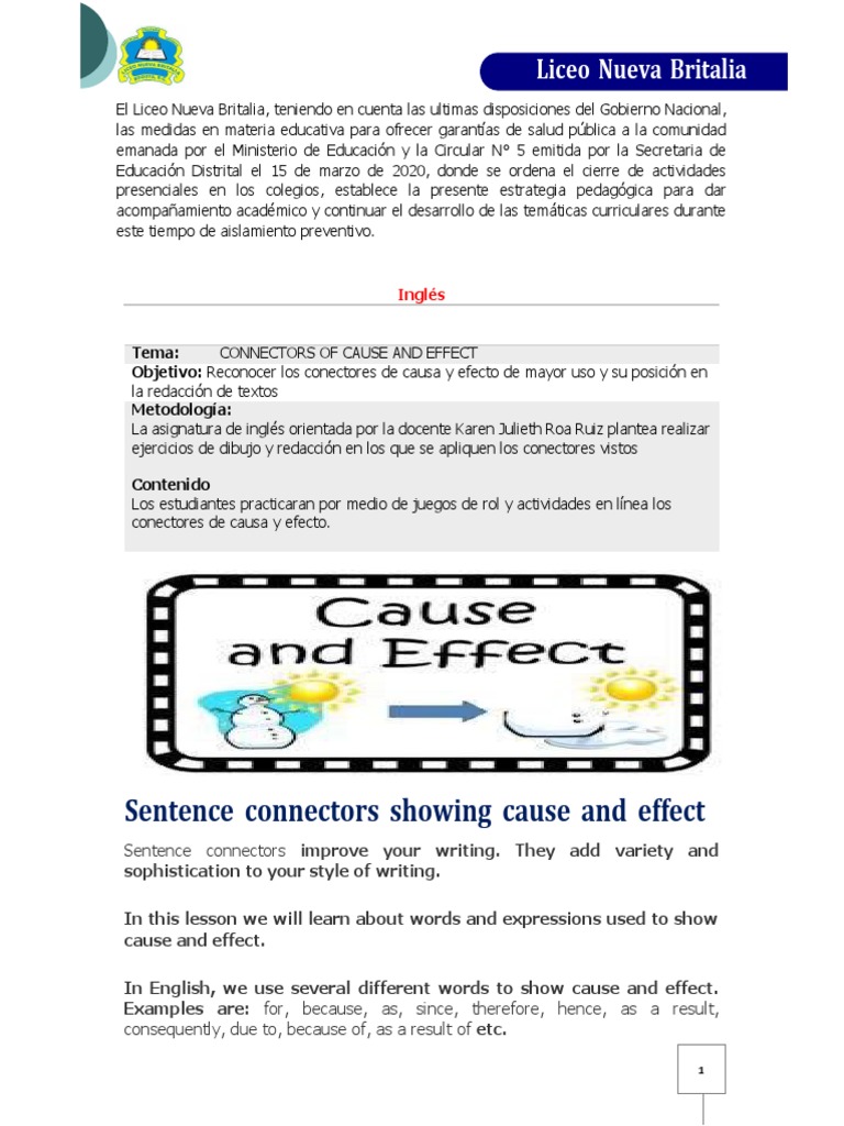 Sentence Connectors Showing Cause and Effect Liceo Nueva Britalia