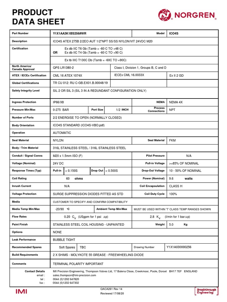 Industrial Valve Data Sheet | PDF | Electromagnetism | Manufactured Goods