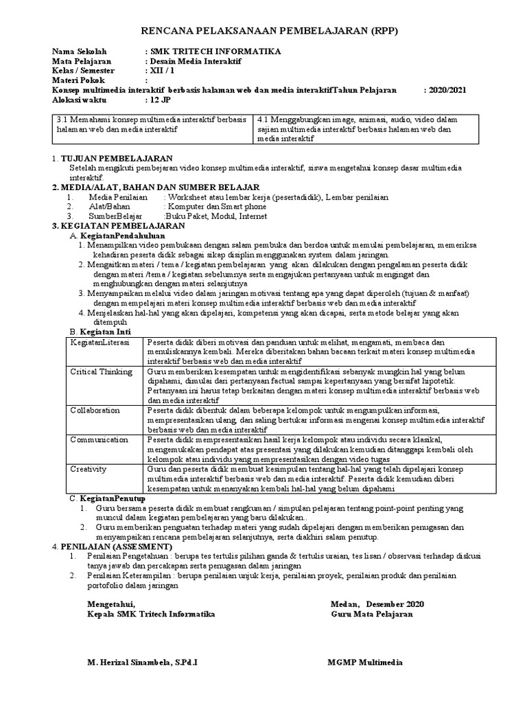 RPP Desain Multimedia Interaktif 1 | PDF