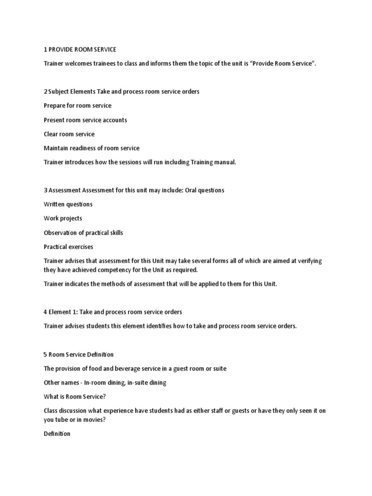 Room Service Training Overview | PDF | Restaurants | Tableware