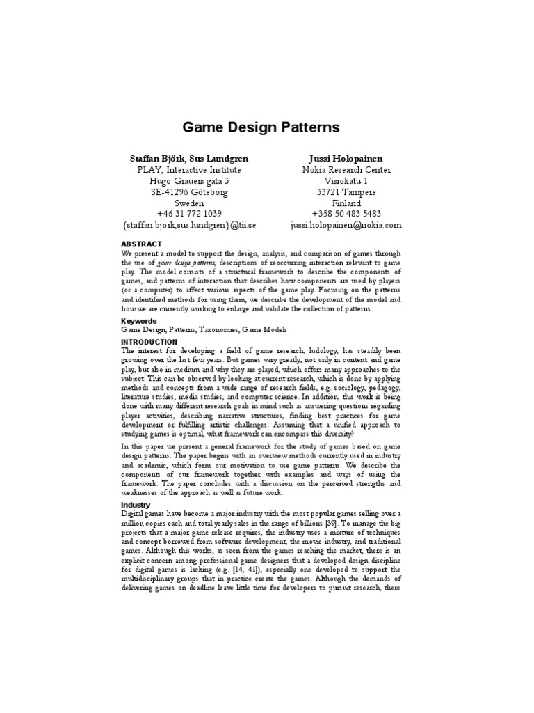 Game Design Patterns | PDF | Video Games | Software Design Pattern