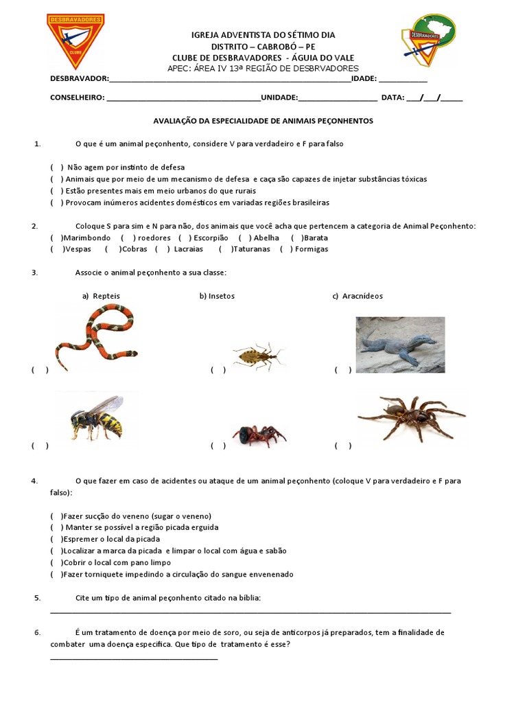 Avaliação de Especialidades - Animais Peçonhentos | PDF | Doenças de ...