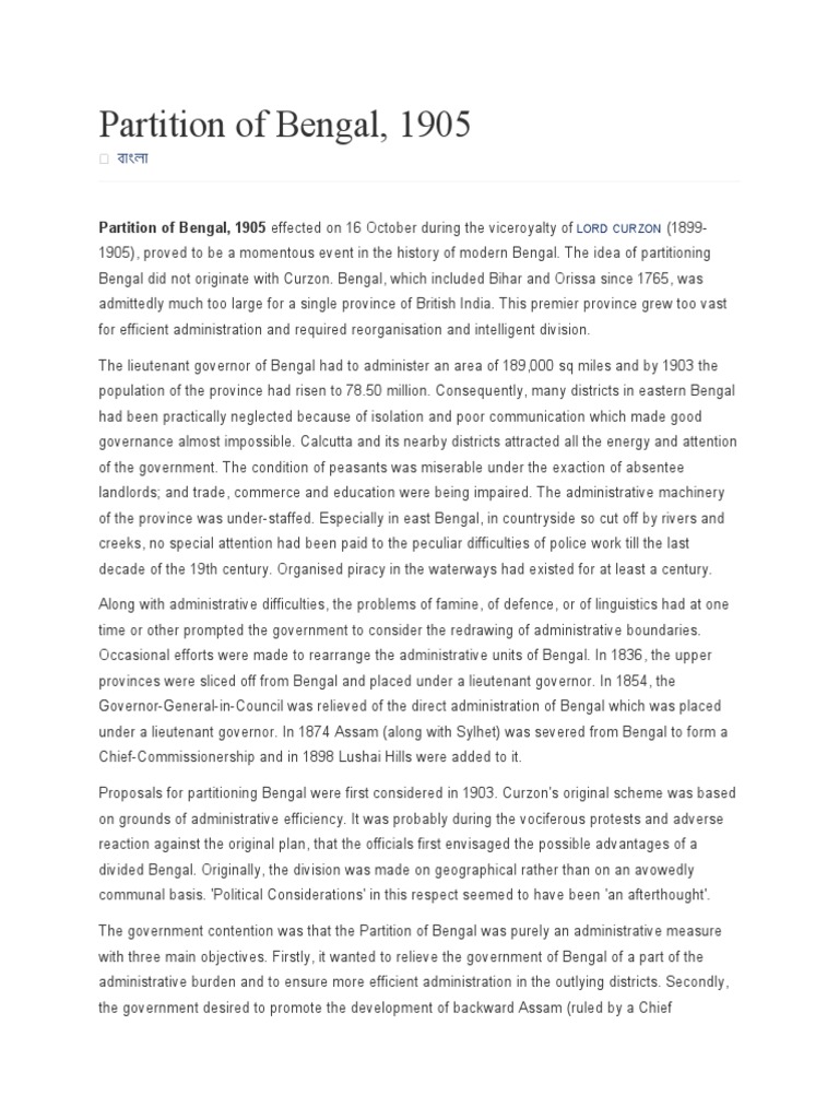 8e1e31de1 - Partition of Bengal 1905 Word File | PDF | Bengal | British Raj