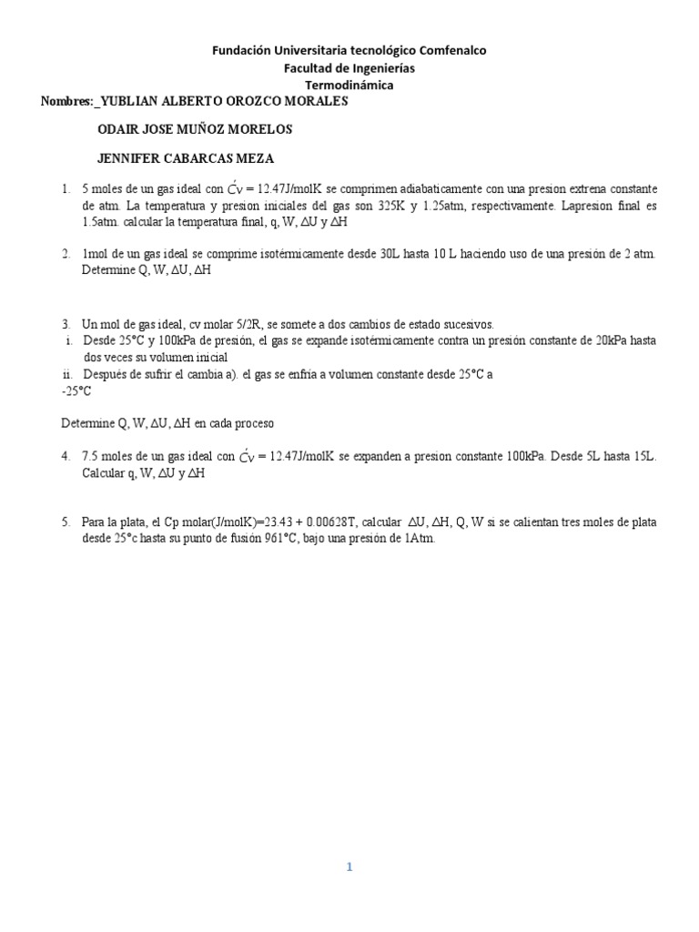 Ejercicios de Termodinámica Ideal | PDF | Gases | Termodinámica