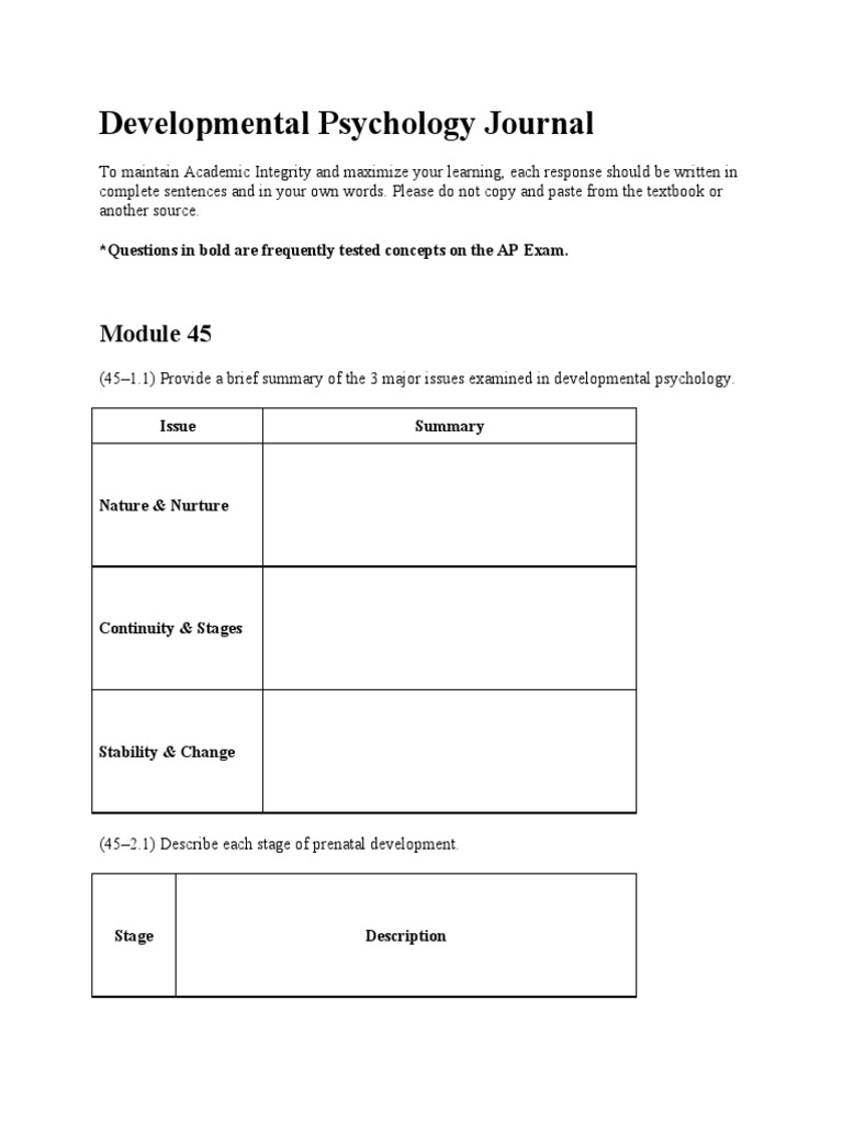 Developmental Psychology Journal: Questions in Bold Are Frequently