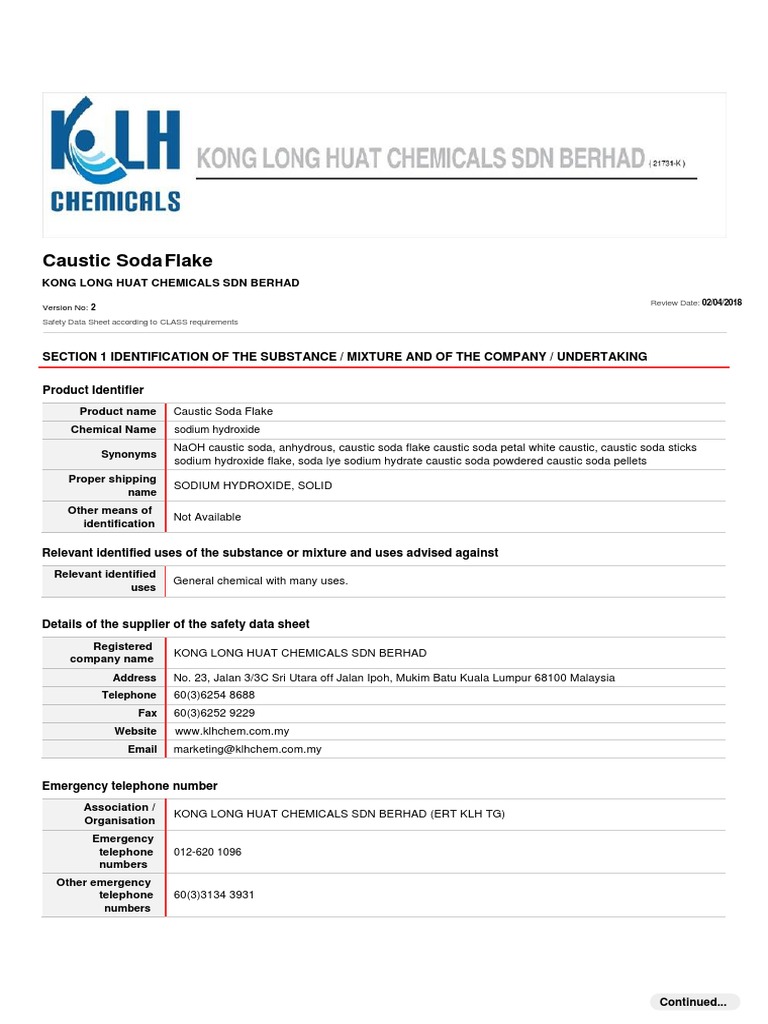 Caustic Soda Flake Safety Data Sheet | PDF | Sodium Hydroxide ...