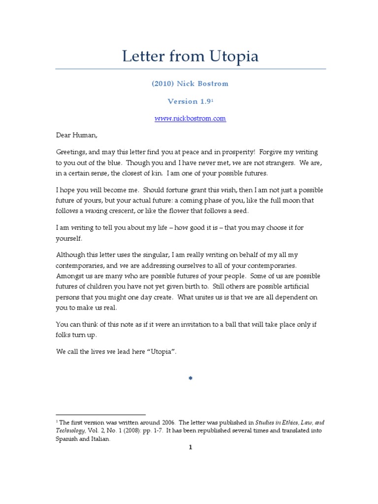 Letter From Utopia (2010) Nick Bostrom PDF Utopia Mind