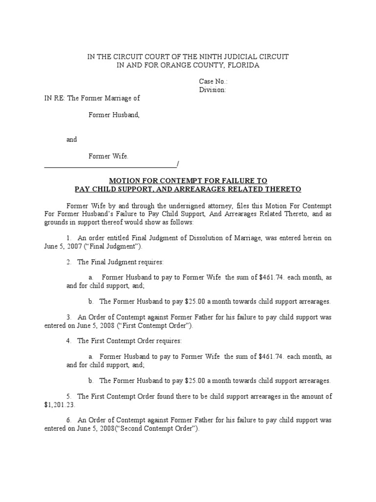 FLorida Child Support Motion For Contempt PDF Arrears Child Support