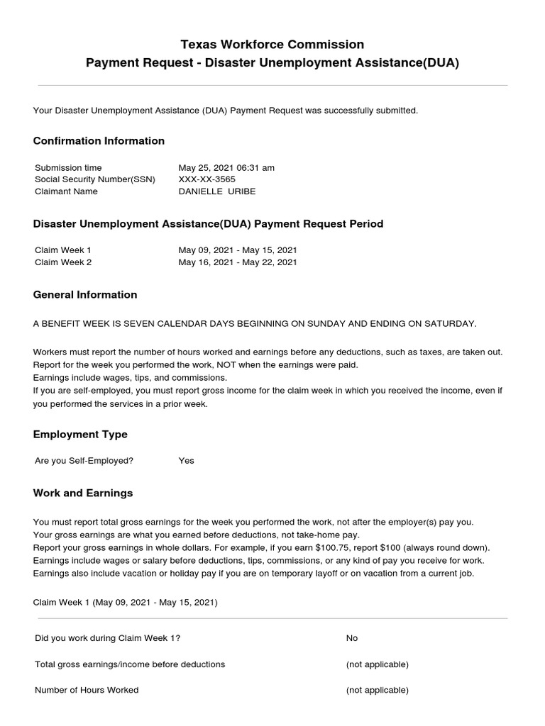Texas Workforce Commission Payment Request Disaster Unemployment Assistance (DUA) PDF Self