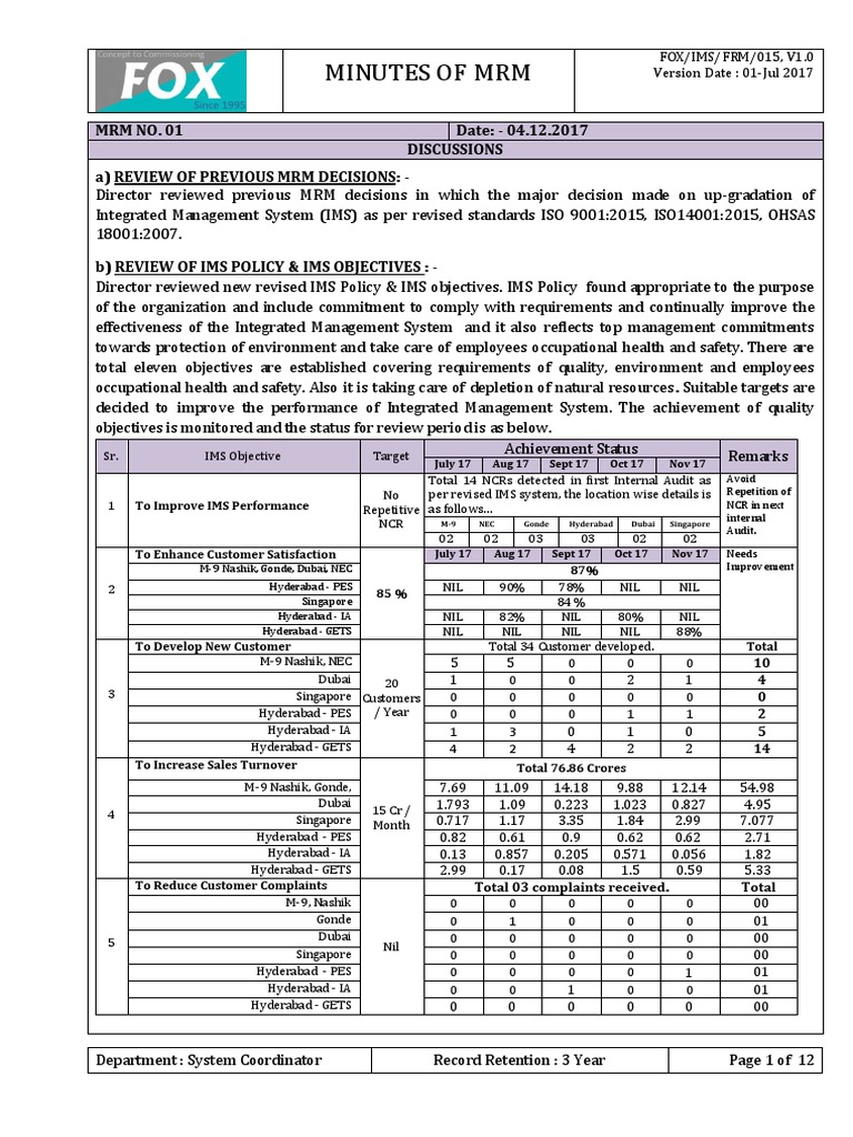 Management Review Meeting Sample | PDF | Hazards | Audit