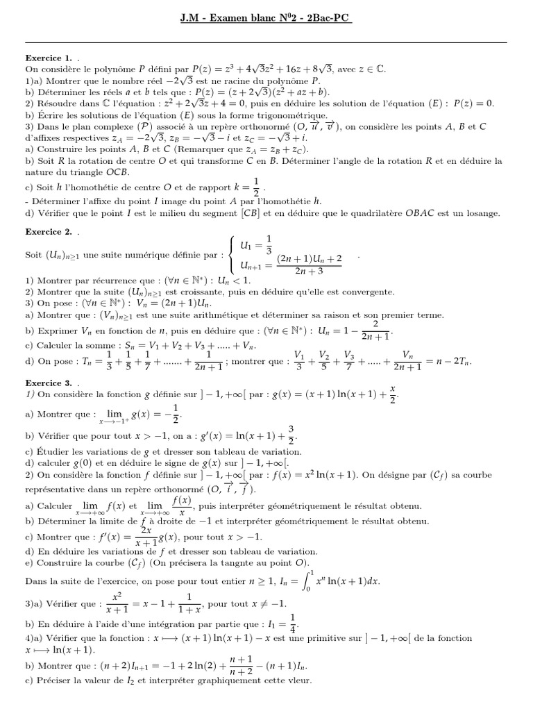 Examen Blanc Math 2 Bac PC N02 | PDF | Nombre complexe | Objets ...
