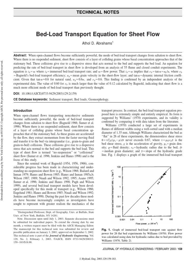 BedLoad Transport Equation For Sheet Flow Technical Notes PDF
