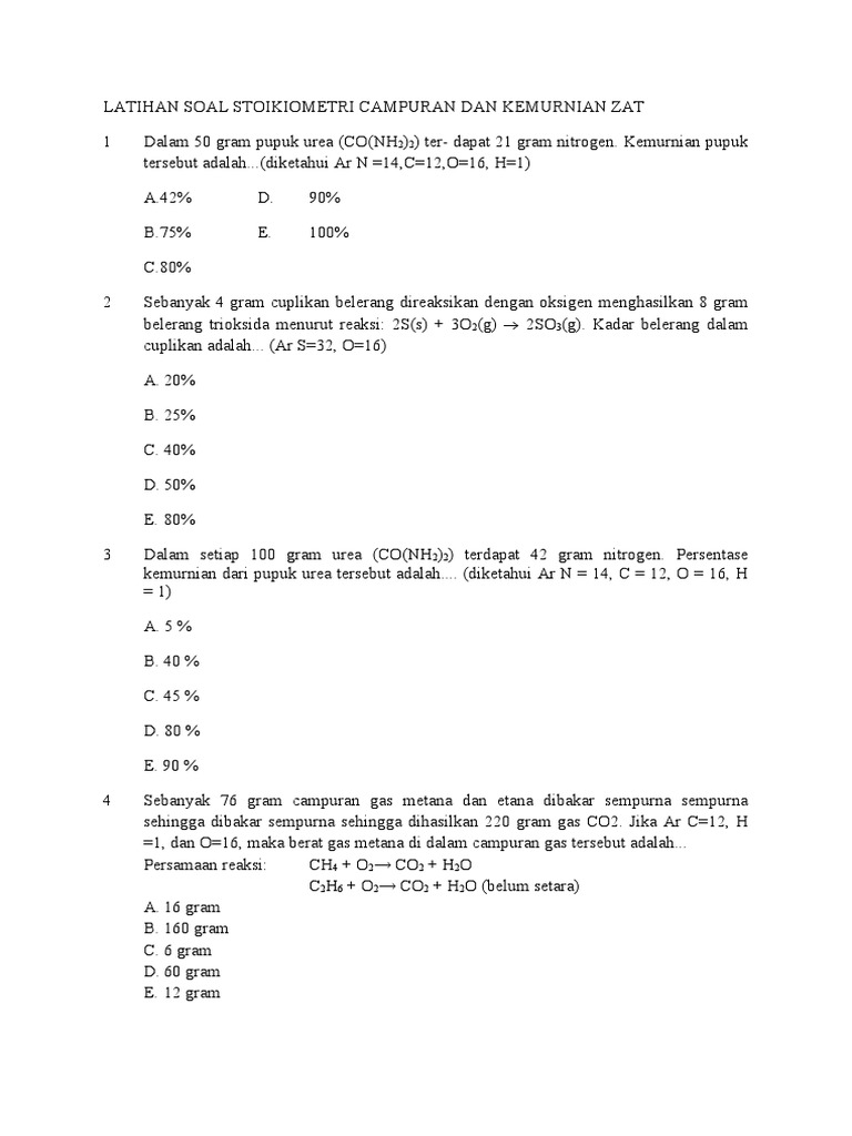 Latihan Soal Kemurnian dan Stoikiometri | PDF | Metode & Bahan Ajar ...
